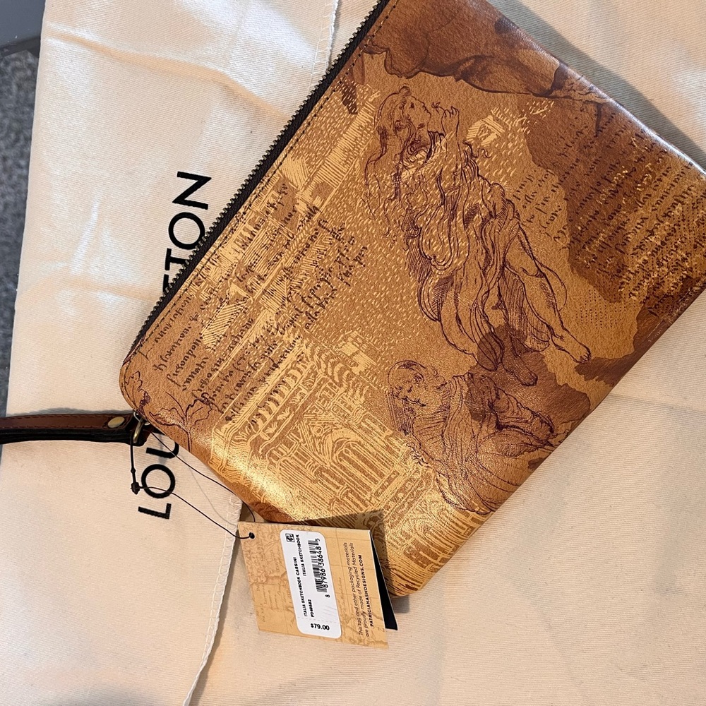Patricia Nash Brown Leather Clutch with Vintage Map Design